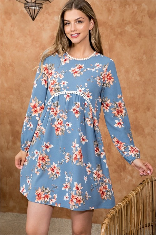 S4-8-3-PPD10438-DNM - RIBBON DETAIL NECKLINE LONG SLEEVE FLORAL TOP- DENIM 1-2-2-2