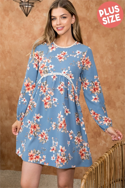 C90-B-PPD10438X-DNM-A -PLUS SIZE RIBBON DETAIL NECKLINE LONG SLEEVE FLORAL TOP- DENIM 1-1-1