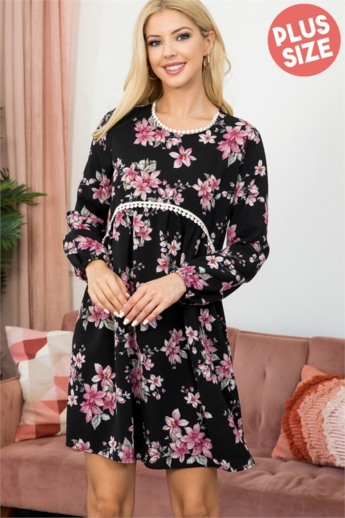 S11-2-2-PPD10438X-DSTRS - PLUS SIZE RIBBON DETAIL NECKLINE LONG SLEEVE FLORAL TOP- DUSTY ROSE 3-2-1