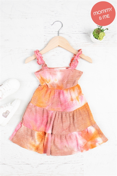 S11-7-1-PPD10439TK-ORGPK-1 - KIDS MERROW STRAPS TIERED TIE DYE DRESS- ORANGE PINK 0-0-0-0-0-1-1-1