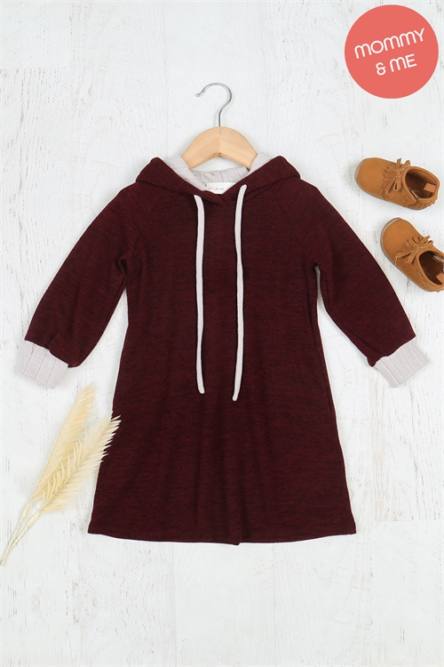 S11-20-3-PPD10449TK-BU-1 - KIDS HACCI LONG SLEEVE RIB BAND HOODIE WITH SELF TIE- BURGUNDY 1-1-0-1-0-2-1-1