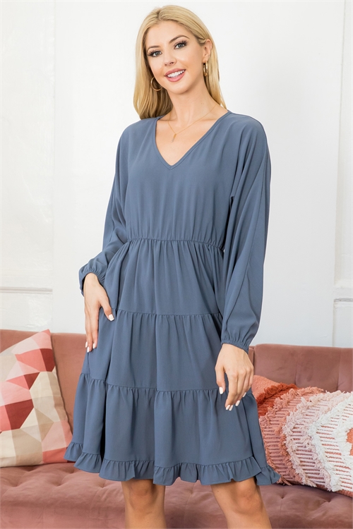 S14-1-1-PPD10450-DKGY - PUFF SLEEVE V-NECK ELASTIC WAIST TIERED DRESS- DARK GREY 1-2-2-2 (NOW $12.75 ONLY!)