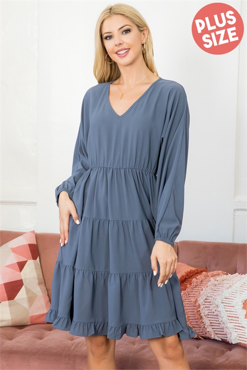 S16-3-3-PPD10450X-DKGY - PLUS SIZE PUFF SLEEVE V-NECK ELASTIC WAIST TIERED DRESS- DARK GREY 3-2-1 (NOW $13.75 ONLY! )