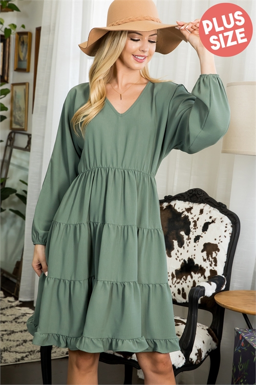 S16-2-1-PPD10450X-DKOV - PLUS SIZE PUFF SLEEVE V-NECK ELASTIC WAIST TIERED DRESS- DARK OLIVE 3-2-1 (NOW $13.75 ONLY! )