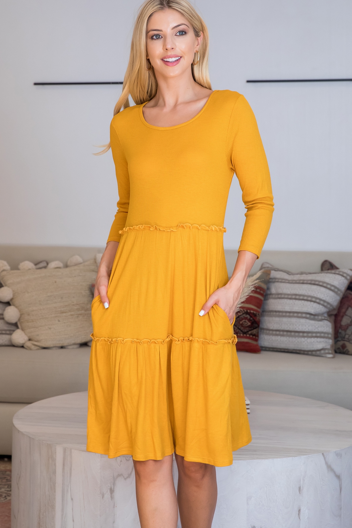 S10-2-2-PPD10457-MU - PULL MERROW DETAIL LONG SLEEVE DRESS- MUSTARD 1-2-2-2