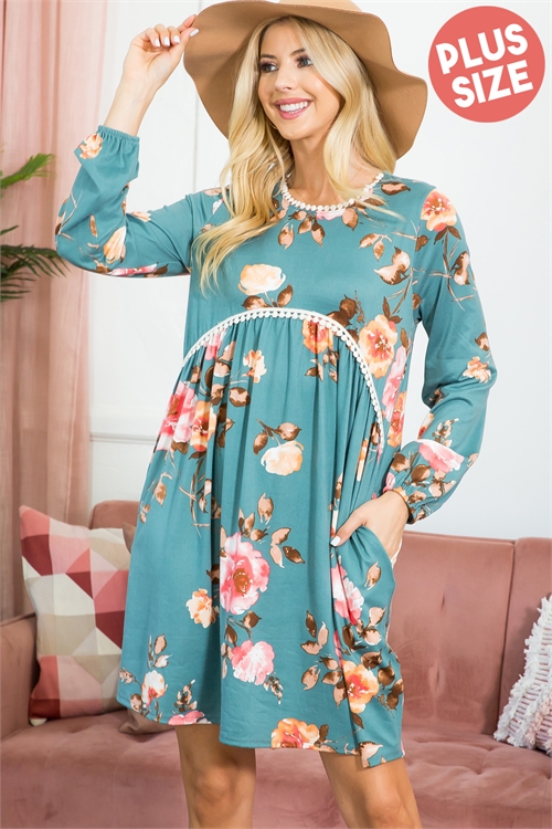 S13-2-2PPD10459X-MNT - PLUS SIZE POMPOM DETAIL LONG SLEEVE ELASTIC BAND FLORAL DRESS- MINT 3-2-1 (NOW $7.75 ONLY!)