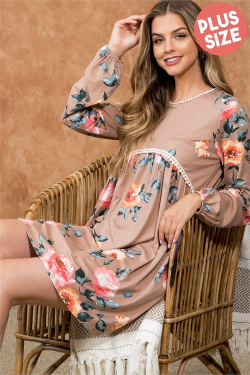 S13-1-5-PPD10459X-TP-1 - PLUS SIZE POMPOM DETAIL LONG SLEEVE ELASTIC BAND FLORAL DRESS- TAUPE 1-0-1