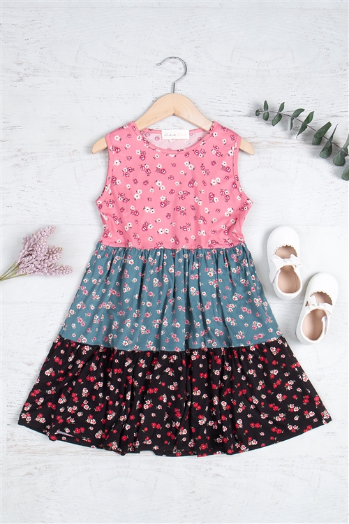 S9-20-4-PPD1045TK-BLSLTHTBK-1 - KIDS MULTI0-COLOR CONTRAST FLORAL PRINT TANK DRESS- BLUSH-LIGHT HUNTER-BLACK 1-0-0-0-0-1-1-1