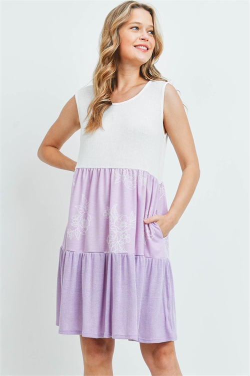 S10-13-3-PPD1046-OFWLVLV-A - MULTI-COLOR FLORAL PRINT CONTRAST TANK DRESS- OFF-WHITE/LAVENDER/LAVENDER 0-1-2-0