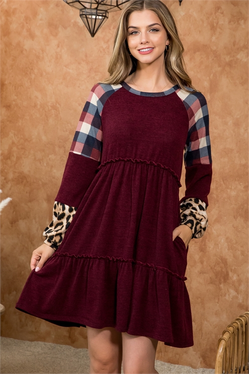 S11-8-1-PPD10460-BU - LEOPARD PLAID CONTRAST CINCH WAIST SOLID DRESS- BURGUNDY-BURGUNDY/NAVY-TAUPE 1-2-2-2