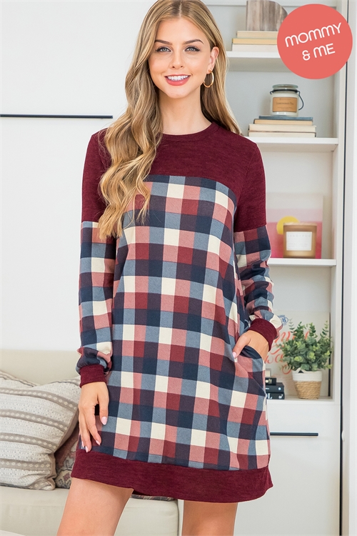 S5-2-1-PPD10461-BUNVBU - PLAID CONTRAST LONG SLEEVE DRESS- BURGUNDY/NAVY-BURGUNDY 1-2-2-2 (NOW $11.75 ONLY!)