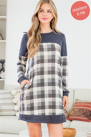 S7-1-1-PPD10461-GYTPNCHL - PLAID CONTRAST LONG SLEEVE DRESS- GREY/TAUPE-NEW CHARCOAL 1-2-2-2 (NOW $11.75 ONLY!)