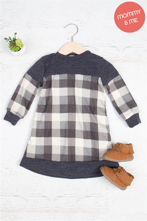 SA4-00-4-PPD10461TK-GYTPNCHL-1 - KIDS PLAID CONTRAST LONG SLEEVE DRESS- GREY/TAUPE-NEW CHARCOAL 0-1-0-0-1-1-1-1