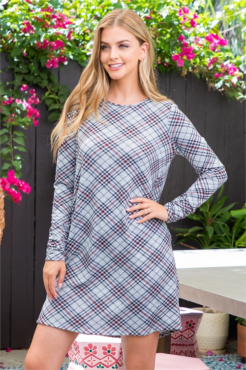S13-7-2-PPD10465-CHL - PLAID LONG SLEEVE ABOVE KNEE DRESS- CHARCOAL 1-2-2-2