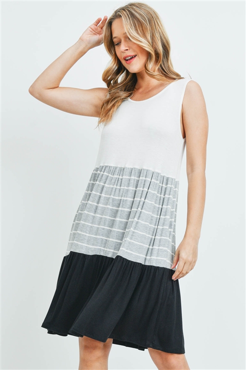 S12-4-1-PPD1047-IVHGYBK -STRIPES CONTRAST MULTI-COLOR TANK DRESS-IVORY HEATHER GRAY BLACK 1-2-2-2