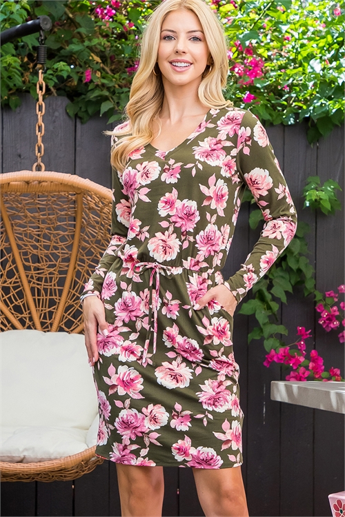 S11-7-2-PPD10471-OV - V-NECK LONG SLEEVE ELASTIC WAIST FLORAL DRESS- OLIVE 1-2-2-2