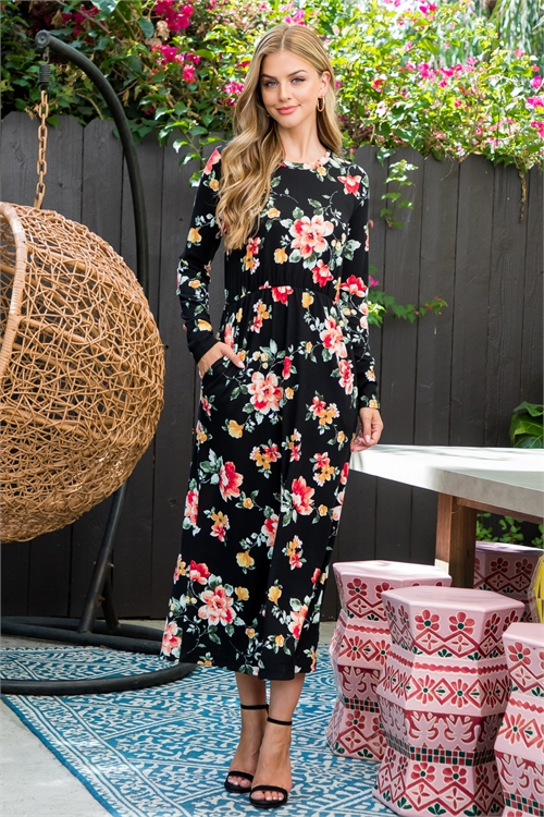 S15-10-3-PPD10473-BK - QUARTER SLEEVE FLORAL MAXI DRESS- BLACK 1-2-2-2 (NOW $12.75 ONLY!)