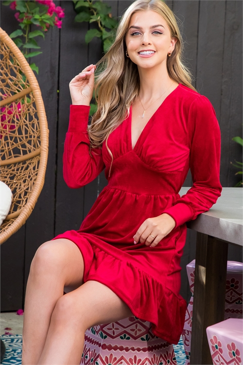 S8-1-4-PPD10477-RB - V-NECK RUFFLE HEM LONG SLEEVE VELVET CORDUROY DRESS- RUBY 1-2-2-2