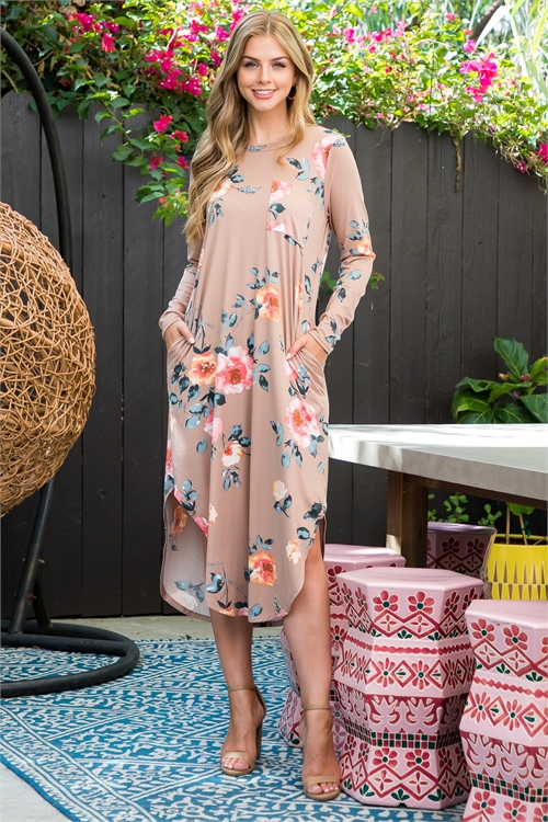 S11-15-3-PPD10478-TP - FLORAL ROUND HEM LONG SLEEVE DRESS- TAUPE 1-2-2-2