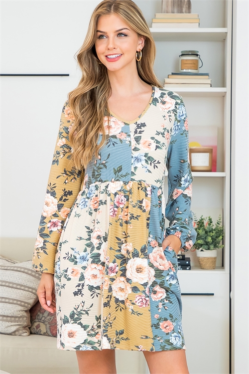 S4-10-2-PPD10479-BLSLTTPMU-1 - V-NECK FLORAL COLOR BLOCK LONG SLEEVE DRESS- BLUE SLATE COMBO-TAUPE COMBO-MUSTARD COMBO 0-0-0-2