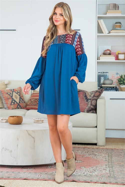 S10-14-4-PPD10480-DNMDNM-1 - FLORAL PRINTED CONTRAST PUFF SLEEVE DRESS- DENIM-DENIM 1-0-2-0