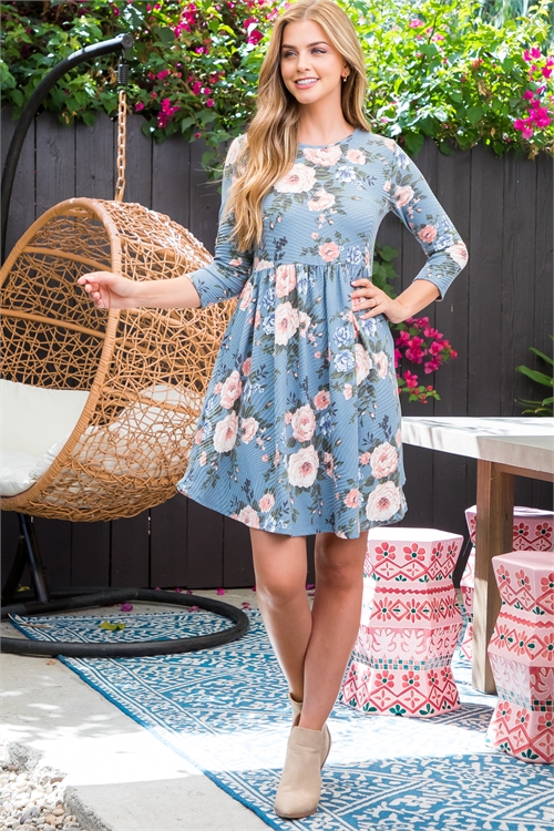 S10-10-3-PPD10483-BLSLT - RIB FLORAL ELASTIC WAIST ROUND NECK DRESS- BLUE SLATE 1-2-2-2