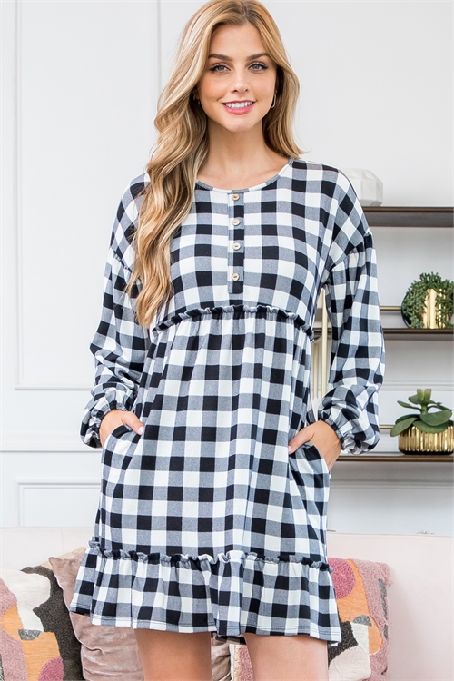 S9-14-3-PPD10491-IVBK-1 - PUFF SLEEVE BUTTON RUFFLE DETAIL PLAID DRESS- IVORY/BLACK 0-2-0-1