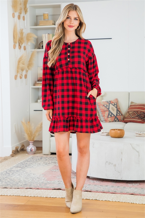 S10-9-3-PPD10491-RDCB-1 - PUFF SLEEVE BUTTON RUFFLE DETAIL PLAID DRESS- RED/BLACK 0-2-2-1