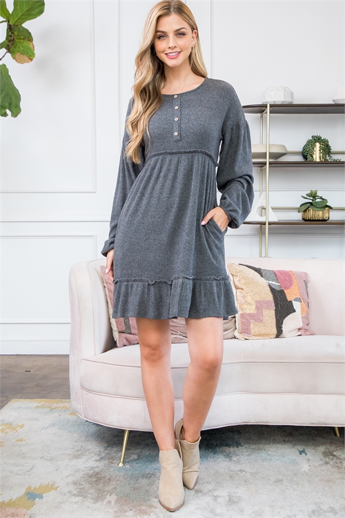 S11-18-2-PPD10492-CHL - BUTTON DETAIL MERROW DETAIL BELLA RIB DRESS- CHARCOAL 1-2-2-2