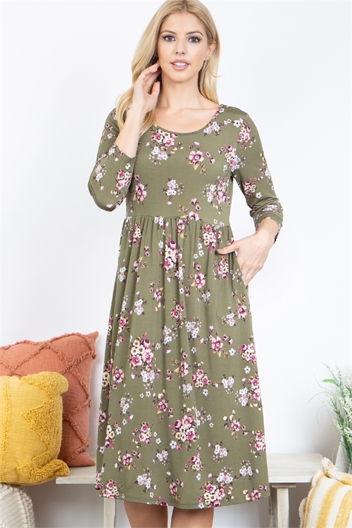 S11-3-3-PPD10495-OV - QUARTER SLEEVE EMPIRE WAIST FLORAL POCKET DRESS- OLIVE 1-2-2-2