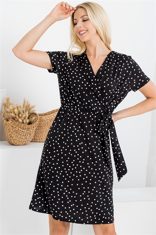 S14-7-2-PPD1050-BKWT - POLKA DOT SURPLICE NECKLINE RIBBON DETAIL DRESS- BLACK/WHITE 1-2-2-2