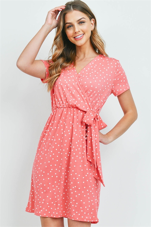 S10-18-3-PPD1050-CRLCB-1 - POLKA DOT SURPLICE NECKLINE RIBBON DETAIL DRESS- CORAL COMBO 0-0-2-1