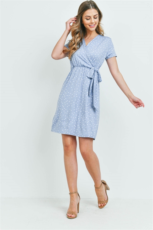 S14-7-1-PPD1050-DSTBL - POLKA DOT SURPLICE NECKLINE RIBBON DETAIL DRESS- DUSTY BLUE 1-2-2-2