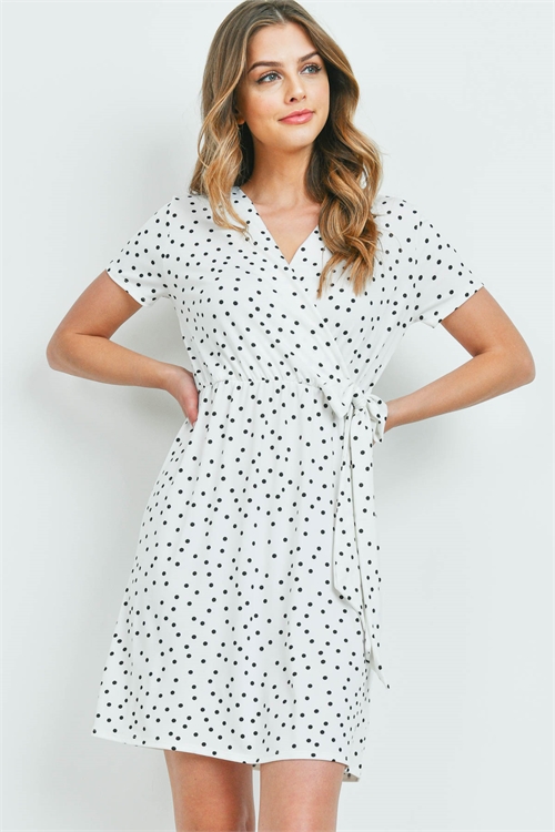 S14-8-1-PPD1050-WTBK - POLKA DOT SURPLICE NECKLINE RIBBON DETAIL DRESS- WHITE/BLACK 1-2-2-2