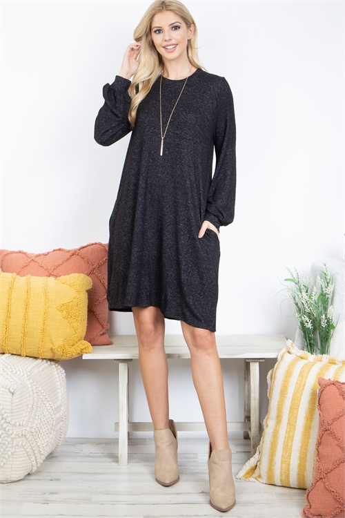 S14-5-3-PPD10501-BK2T - LONG PUFF SLEEVE TRI-BLEND  DRESS WITH POCKETS- BLACK 2TONE 1-2-2-2