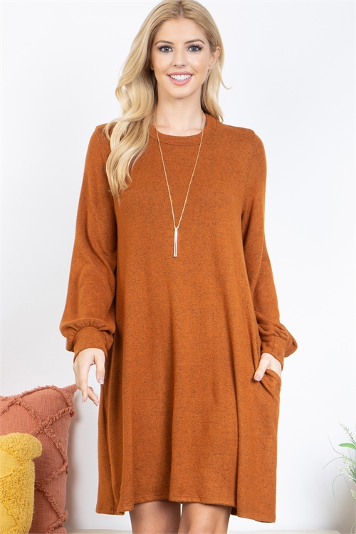 S5-9-2-PPD10501-RU - LONG PUFF SLEEVE TRI-BLEND  DRESS WITH POCKETS- RUST 1-2-2-2