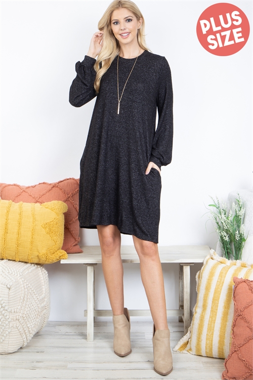 S15-1-2-PPD10501X-BK2T - PLUS SIZE LONG PUFF SLEEVE TRI-BLEND  DRESS WITH POCKETS- BLACK 2TONE 3-2-1