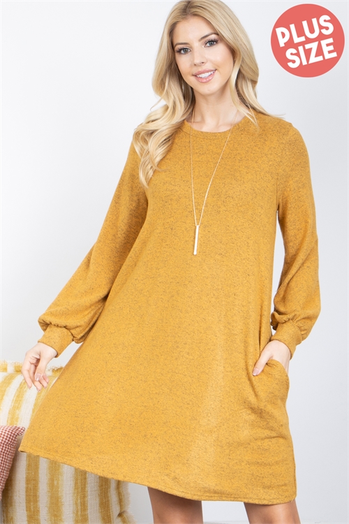 S15-2-2-PPD10501X-MU - PLUS SIZE LONG PUFF SLEEVE TRI-BLEND  DRESS WITH POCKETS- MUSTARD 3-2-1
