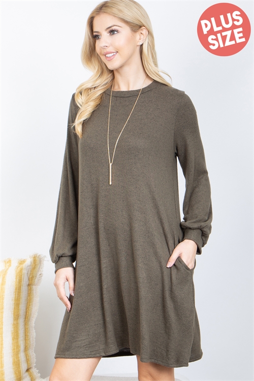 S15-1-2-PPD10501X-OV - PLUS SIZE LONG PUFF SLEEVE TRI-BLEND  DRESS WITH POCKETS- OLIVE 3-2-1
