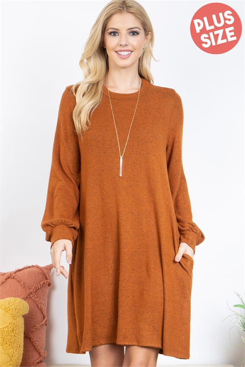 S16-2-1-PPD10501X-RU - PLUS SIZE LONG PUFF SLEEVE TRI-BLEND  DRESS WITH POCKETS- RUST 3-2-1