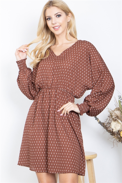 S11-14-1-PPD10504-BWN - V-NECK DOLMAN SLEEVE PRINTED DRESS- BROWN 1-2-2-2