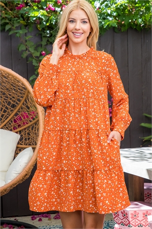 S9-11-3-PPD10507-RU - MERROW NECKLINE LONG SLEEVE TIERED FLORAL DRESS- RUST 1-2-2-1