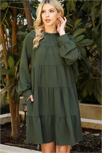 S10-14-3-PPD10508-OV - MERROW NECKLINE LONG SLEEVE TIERED WOVEN DRESS- OLIVE 1-2-1-1