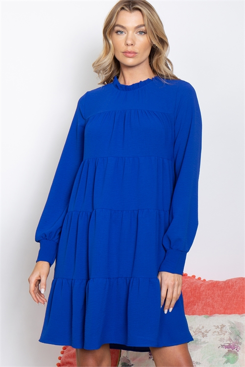 S7-8-1-PPD10508-RYL - MERROW NECKLINE LONG SLEEVE TIERED WOVEN DRESS- ROYAL 1-2-2-1