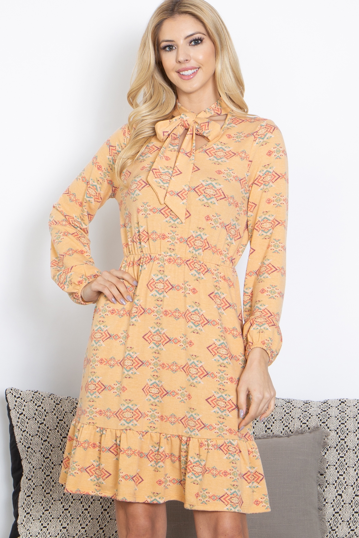 S11-11-1-PPD10515-YLW - RIBBON TIE NECKLINE LONG SLEEVE AZTEC PRINTED DRESS- YELLOW 1-2-2-2 (NOW $9.75 ONLY!)