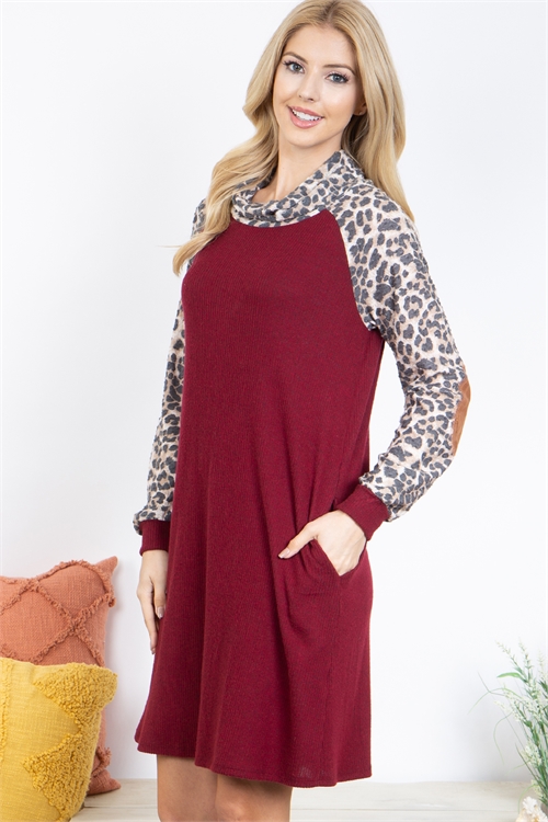 S10-5-2-PPD10521-DKRBLTBWN - LEOPARD LONG SLEEVE TURTLE NECKLINE HACCI RIB DRESS- DARK RUBY-LIGHT BROWN 1-2-2-2