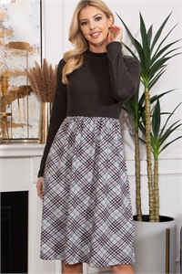 S11-3-3-PPD10527-CHL2TCHL - SOLID MOCK NECKLINE LONG SLEEVE TOP PLAID SKIRT DRESS- CHARCOAL 1-2-2-2 (NOW $9.75 ONLY!)