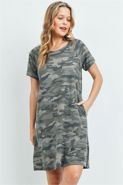 S12-12-1-PPD1053-AGYGMC - CAMOUFLAGE SHORT SLEEVES POCKET DRESS WITH SIDE SLIT- AH GREY/GREEN/MOCHA 1-2-2-2