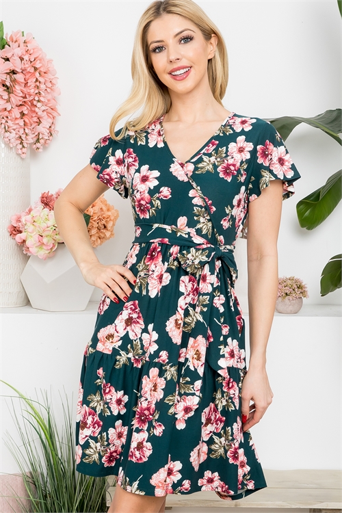 S15-2-1-PPD10531-GN - SURPLICE NECKLINE FLORAL RIBBON DETAIL DRESS- GREEN 1-2-2-2