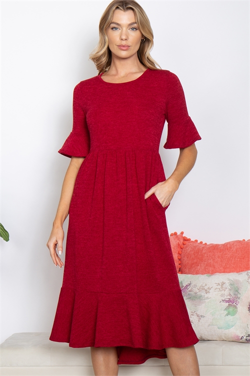 S15-6-1-PPD10537-BU - BELL SLEEVE RUFFLE HI-LOW HEM DRESS- BURGUNDY 1-2-2-2